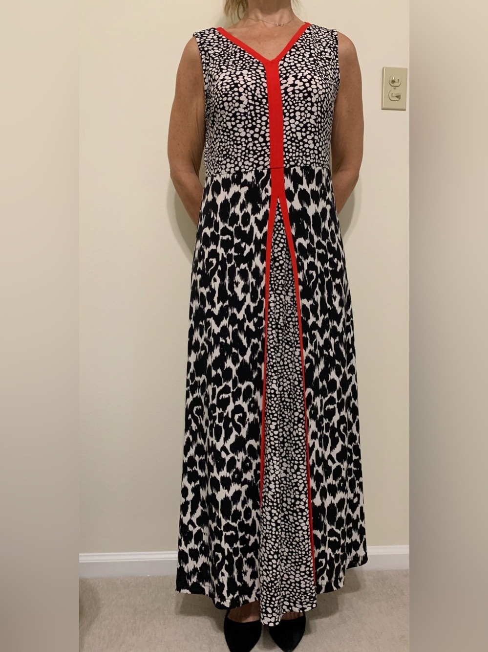 NWOT Chico’s Sleeveless Leopard Black & White Printed Maxi Dress with Red Trim